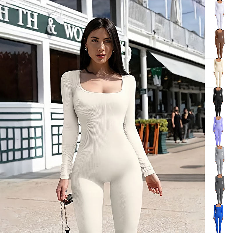 Women's Long Sleeve Yoga Jumpsuit with Square Collar for Fitness and Workout