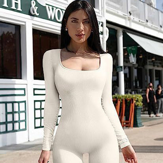 Women's Long Sleeve Yoga Jumpsuit with Square Collar for Fitness and Workout