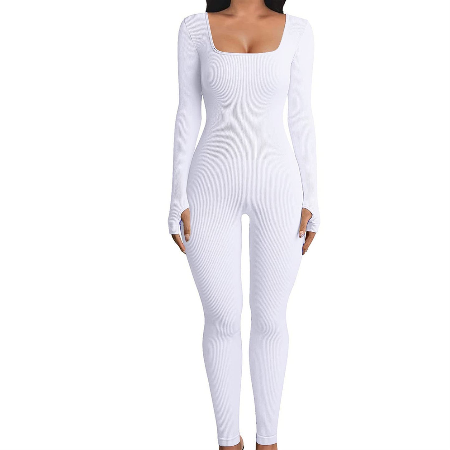 Women's Long Sleeve Yoga Jumpsuit with Square Collar for Fitness and Workout
