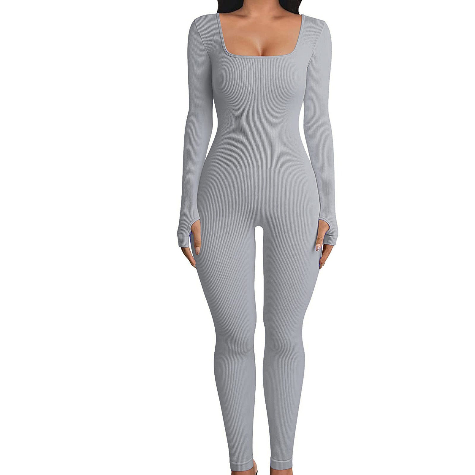 Women's Long Sleeve Yoga Jumpsuit with Square Collar for Fitness and Workout