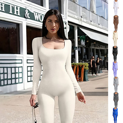 Women's Long Sleeve Yoga Jumpsuit with Square Collar for Fitness and Workout