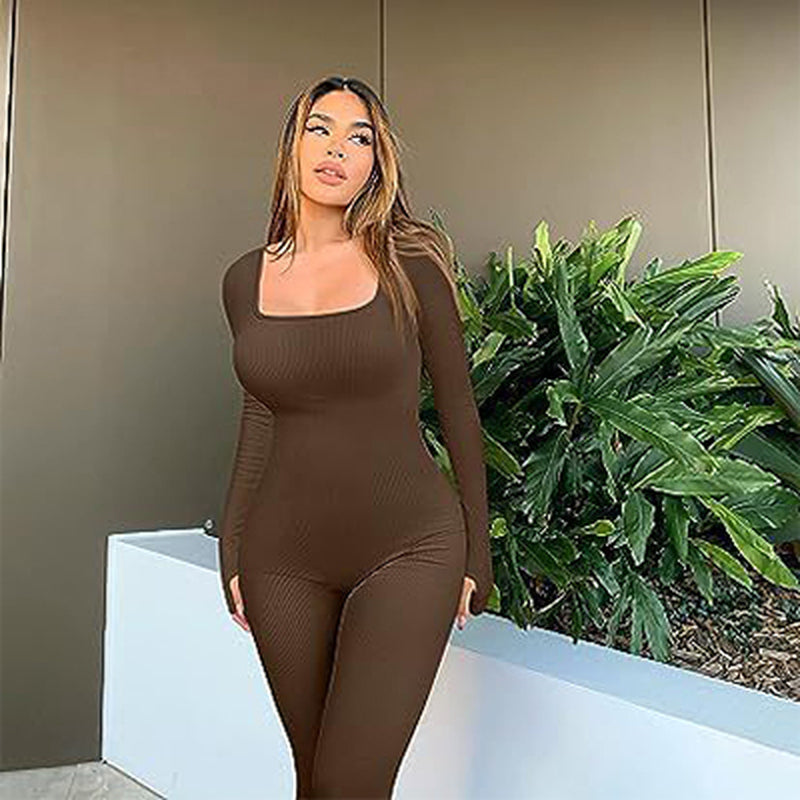 Women's Long Sleeve Yoga Jumpsuit with Square Collar for Fitness and Workout