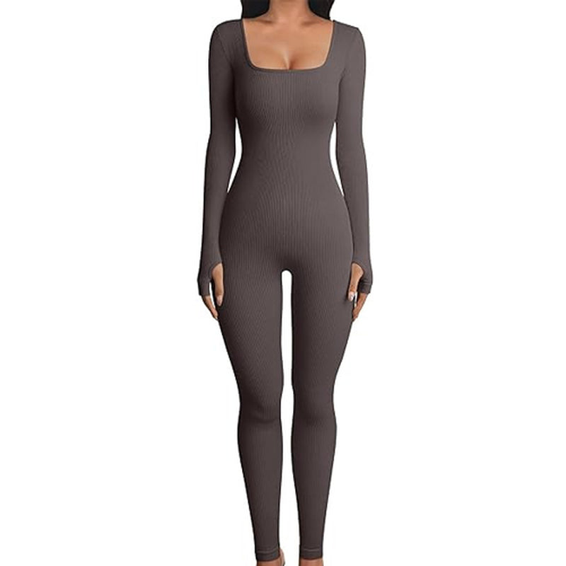 Women's Long Sleeve Yoga Jumpsuit with Square Collar for Fitness and Workout