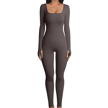 Women's Long Sleeve Yoga Jumpsuit with Square Collar for Fitness and Workout